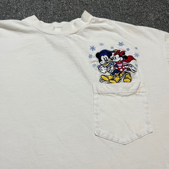 Disney Store Mickey Minnie Mouse Ice Skating Pocket T-Shirt L White Long Sleeve - Picture 10 of 10